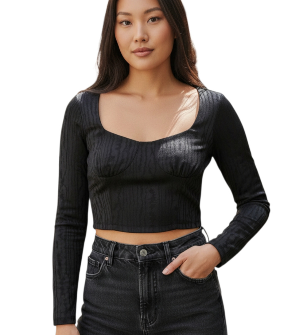 ZARA Women's L Blouse Cropped Bustier Black Satiny Long Sleeve Lined NEW NWT